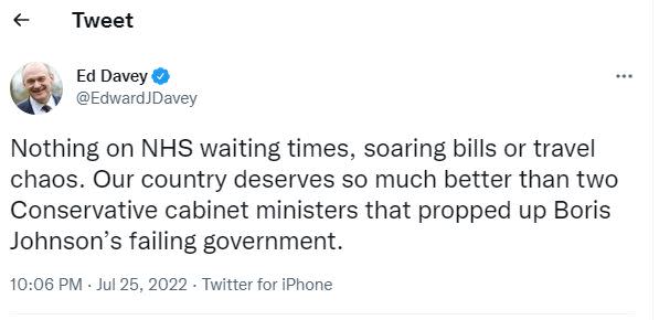 Lib Dem leader Ed Davey questioned why neither leadership hopeful brought up issues with the NHS (Twitter/Ed Davey)