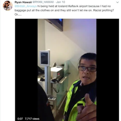 He asked if not being allowed on the flight was because of racial profiling - Credit: @RYAN_HAWAII/Twitter