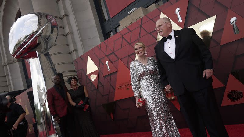 Kansas City Chiefs head coach Andy Reid and his wife Tammy arrive at a ceremony for team members to receive their championship rings for winning NFL football’s Super Bowl LVII, Thursday, June 15, 2023, in Kansas City, Mo.