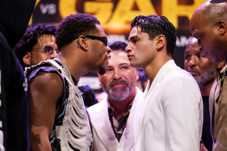 Ryan Garcia, right, and Devin Haney stare each other down during a press conference at the Avalon Hollywood & Bardot on Feb. 29, 2024. Garcia will take on Haney in a 140-pound showdown April 20 in Brooklyn, New York.