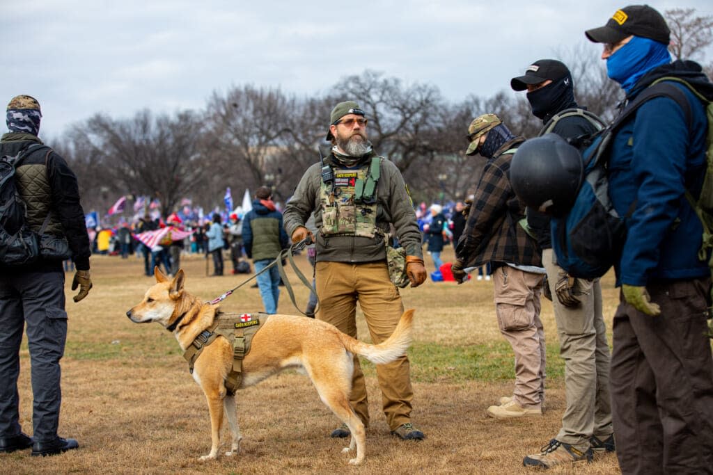 Men belonging to the Oath Keepers, wearing military tactical gear, attend the “Stop the Steal” rally on January 06, 2021, in Washington, D.C. (Photo by Robert Nickelsberg/Getty Images)
