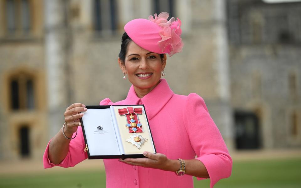 Dame Priti Patel is pictured at Windsor Castle after receiving her Dames Commander of the Order of the British Empire