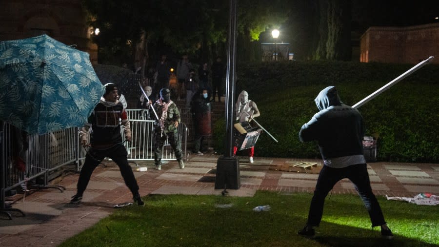 Israeli Protesters Laid Siege On The UCLA Gaza Support Camp For Over 4 Hours. The Israeli Protesters Used Make Shift Weapons, Chemical Weapons And Fireworks To Assault The Camp All Night Long, in Los Angeles, on May 1, 2024.(Photo by Shay Horse/NurPhoto via Getty Images)