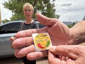 Jeff Van Der Mey displays his voting sticker after he and his wife Pat Van Der Mey cast their ballots in Bernalillo, N.M., on Tuesday, June 4, 2024. (AP Photo/Susan Montoya Bryan)