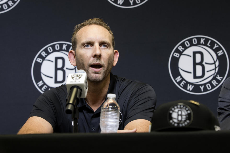 BROOKLYN, NY - JUNE 22: General Manager Sean Marks of the Brooklyn Nets speaks at the Post NBA Draft press conference with Dzanan Musa and Rodions Kurucs on June 22, 2018 at the HSS Training Center in Brooklyn, New York. NOTE TO USER: User expressly acknowledges and agrees that, by downloading and/or using this photograph, user is consenting to the terms and conditions of the Getty Images License Agreement. Mandatory Copyright Notice: Copyright 2018 NBAE (Photo by Michelle Farsi/NBAE via Getty Images)