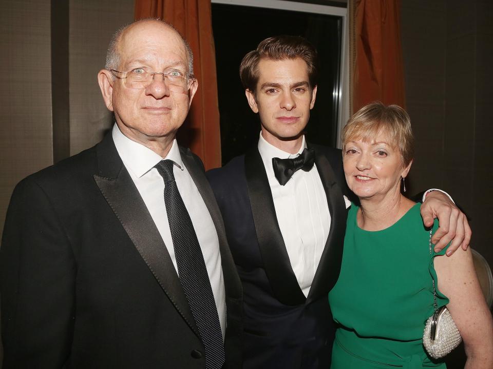 L-R) Richard Garfield, son Andrew Garfield and mother Lynn Garfield pose at the 2018 O&M Private Tony After Party at The Carlysle Hotel on June 10, 2018.