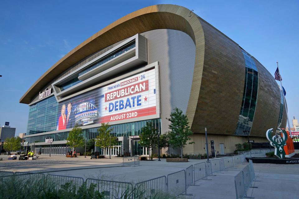 A Republican Debate sign is up outside Fiserv Forum in preparation of the Aug. 23 debate in Milwaukee on Monday, Aug. 21, 2023.