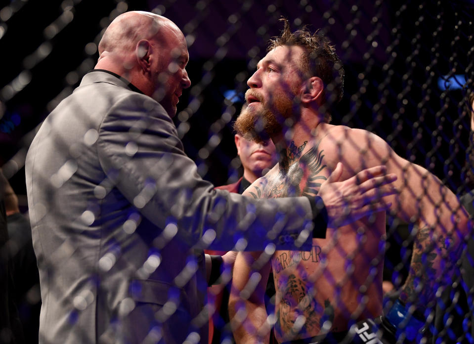 Las Vegas , United States - 6 October 2018; Conor McGregor in conversation with UFC President Dana White following defeat to Khabib Nurmagomedov in their UFC lightweight championship fight during UFC 229 at T-Mobile Arena in Las Vegas, Nevada, USA. (Photo By Stephen McCarthy/Sportsfile via Getty Images)