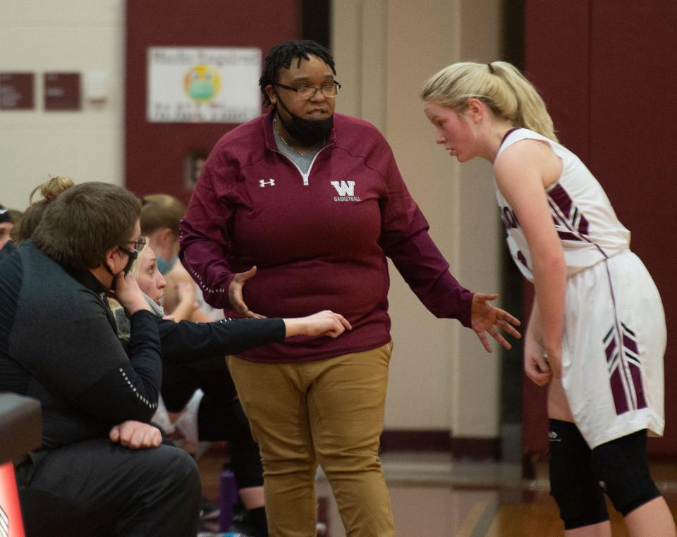 Waterloo hosted Jackson-Milton in 2021, with the Blue Jays winning 76-56. Rose Couts talks with coaches on the sideline, including former Waterloo junior varsity coach Keianna Rice, who took over varsity duties while head coach Kevin Longanecker was on leave. In 2023, North hired Rice as the head coach of its girls basketball team.