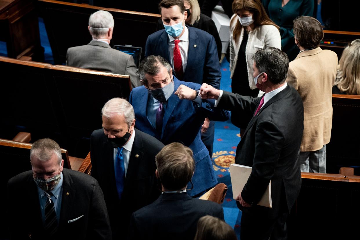 Republican Sens. Ted Cruz (center) and Josh Hawley (top) led the GOP effort to challenge Electoral College votes on January 6, which was interrupted as Trump supporters attempted to violently overturn Biden's victory.