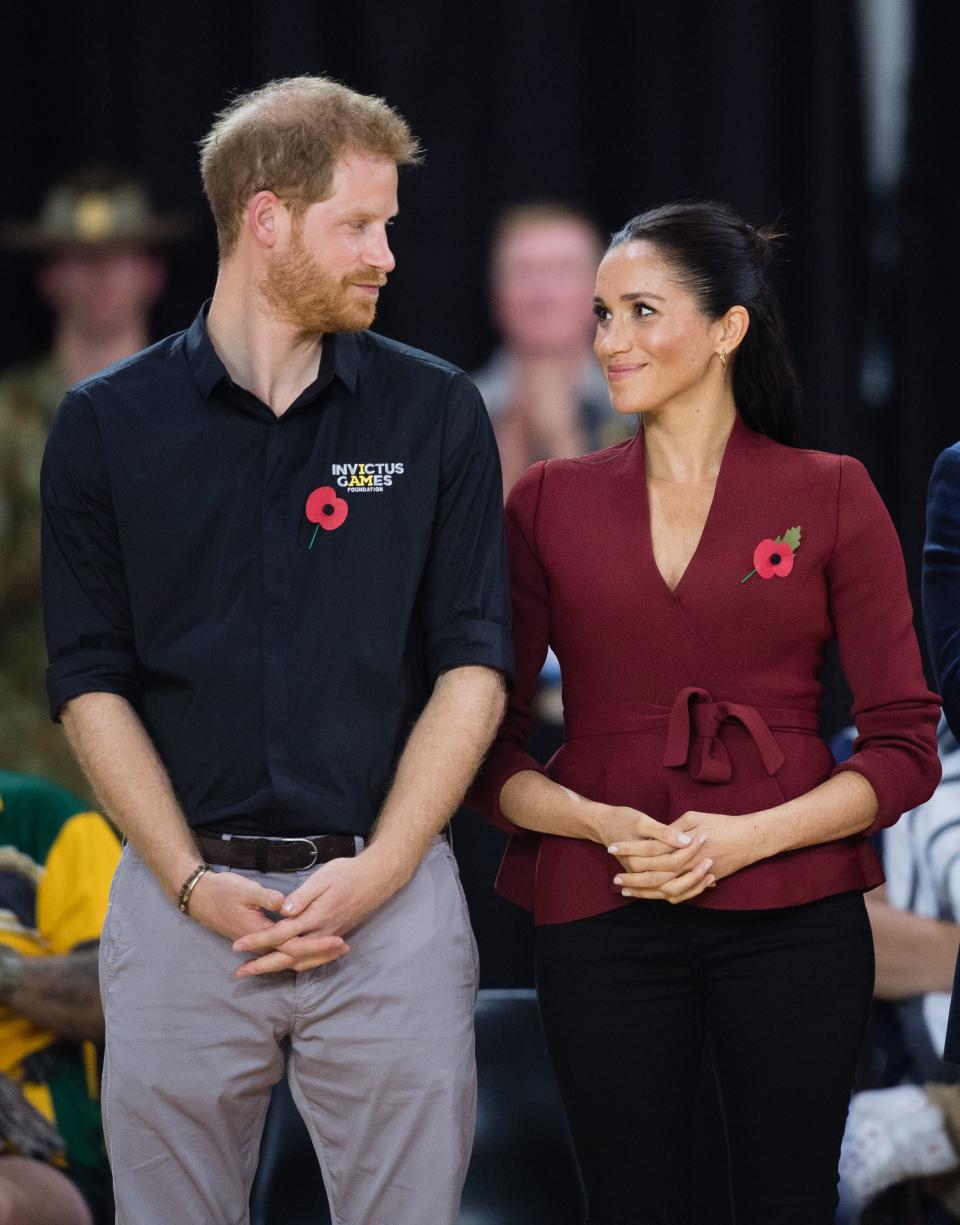 <p>Meghan Markle and Prince Harry's <a rel="nofollow noopener" href="https://www.harpersbazaar.com/celebrity/latest/a24267194/meghan-markle-prince-harry-laughing-crying-tonga-choir-performance/" target="_blank" data-ylk="slk:royal tour;elm:context_link;itc:0;sec:content-canvas" class="link ">royal tour</a> has been extremely busy, so far including visits to Fiji, the Kingdom of Tonga, and Australia. And one of the big reasons that <a rel="nofollow noopener" href="https://www.harpersbazaar.com/celebrity/latest/a24267194/meghan-markle-prince-harry-laughing-crying-tonga-choir-performance/" target="_blank" data-ylk="slk:Harry and Meghan;elm:context_link;itc:0;sec:content-canvas" class="link ">Harry and Meghan</a> have traveled to the region is so that they can support the <a rel="nofollow noopener" href="https://www.dailymail.co.uk/news/article-6322735/Harry-pregnant-Meghan-attend-Invictus-Games-basketball-match.html" target="_blank" data-ylk="slk:Invictus Games;elm:context_link;itc:0;sec:content-canvas" class="link ">Invictus Games</a>, an organization close to Harry's heart.</p><p>Taking place in Sydney, Australia, they attended a wheelchair basketball game, at which <a rel="nofollow noopener" href="https://people.com/royals/meghan-markle-emotional-speech-invictus-games-closing-ceremony/" target="_blank" data-ylk="slk:Meghan;elm:context_link;itc:0;sec:content-canvas" class="link ">Meghan</a> wore a wrap jacket by Australian designer <a rel="nofollow noopener" href="https://www.harpersbazaar.com/celebrity/latest/a24304746/meghan-markle-royal-tour-australia-invictus-games-scanlan-theodore-jacket/" target="_blank" data-ylk="slk:Scanlan Theodore;elm:context_link;itc:0;sec:content-canvas" class="link ">Scanlan Theodore</a>, with <a rel="nofollow noopener" href="https://www.farfetch.com/ca/shopping/women/sarah-flint-tortoiseshell-heel-pumps-item-12137351.aspx?storeid=10286&clickref=1011l5J9NrLz&utm_source=skimlinks_phg&utm_medium=affiliate&utm_campaign=PHUK&utm_term=UKNetwork&pid=performancehorizon_int&c=skimlinks_phg&clickid=1011l5J9NrLz&af_siteid=305950&af_sub_siteid=1011l274&af_cost_model=CPA&af_channel=affiliate&is_retargeting=true" target="_blank" data-ylk="slk:Sarah Flint pumps;elm:context_link;itc:0;sec:content-canvas" class="link ">Sarah Flint pumps</a>. Then in the evening, the Duke and Duchess of Sussex attended the Invictus Games closing ceremony. Meghan stunned in an <a rel="nofollow noopener" href="https://www.harpersbazaar.com/celebrity/latest/a24308427/meghan-markle-royal-tour-australia-invictus-games-antonio-berardi-dress/" target="_blank" data-ylk="slk:Antonio Berardi tuxedo dress;elm:context_link;itc:0;sec:content-canvas" class="link ">Antonio Berardi tuxedo dress</a> as she gave a speech to the crowd. </p><p>Here, every photo of Meghan and Harry's day in Sydney attending the <a rel="nofollow noopener" href="https://www.harpersbazaar.com/celebrity/latest/g23992342/meghan-markle-prince-harry-royal-tour-australia-photos-best-moments/" target="_blank" data-ylk="slk:Invictus Games 2018;elm:context_link;itc:0;sec:content-canvas" class="link ">Invictus Games 2018</a>:</p>