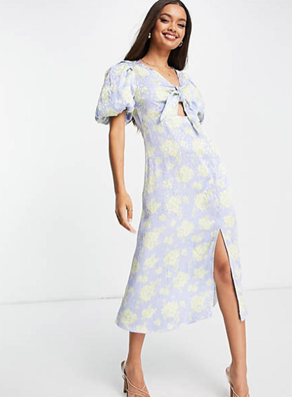 River Island Petite floral print tie front midi dress in blue, $110 from ASOS