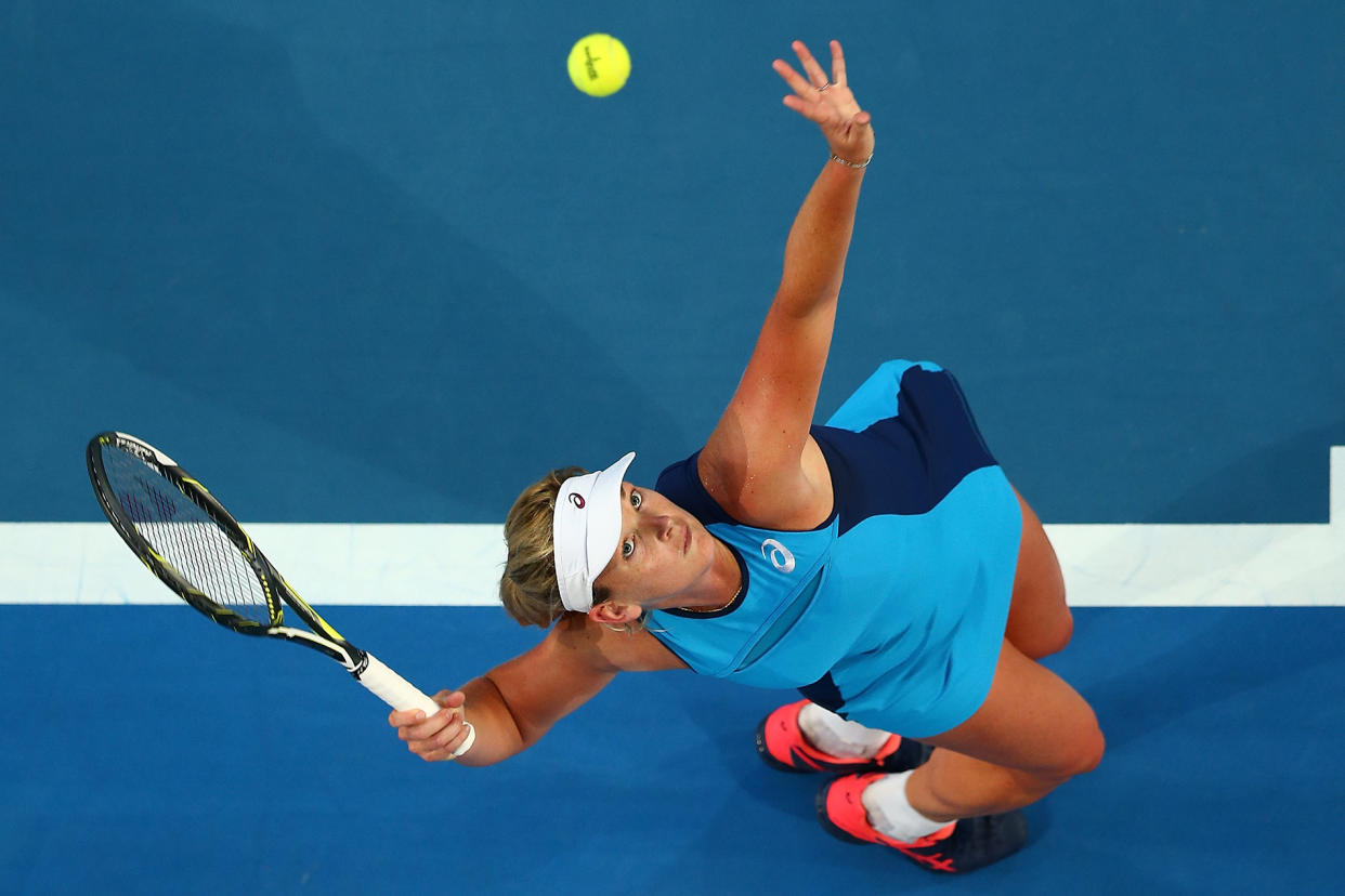 CoCo Vandeweghe serving to Kristina Mladenovic of France in the women’s singles match during the 2017 Hopman Cup Final at Perth Arena in Australia in January. (Photo: Paul Kane/Getty Images)