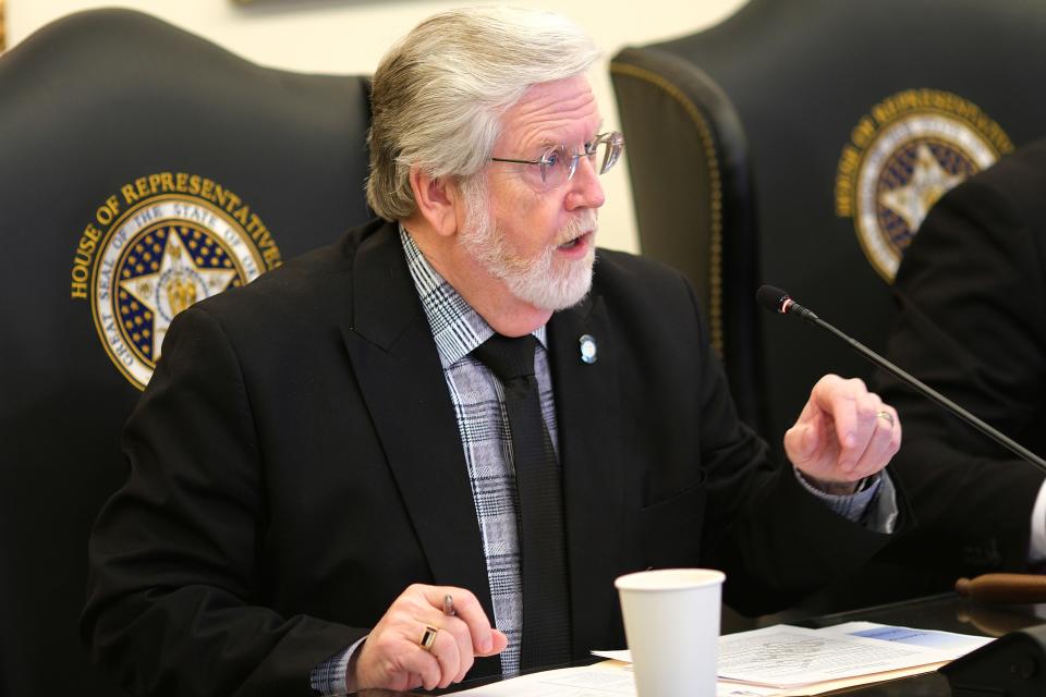 Sen. Roger Thompson is pictured April 6 during the LOFT meeting announcing an investigation into improper use of state credit cards by agency employees.