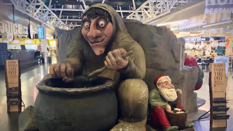 A sculpture of Grýla and her Yule lad son Skyrgámur at the Keflavik International Airport