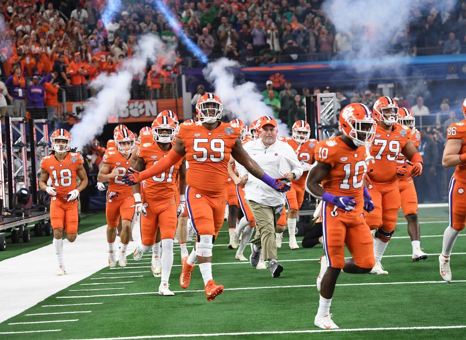 Clemson takes the field during pregame of the Goodyear Cotton Bowl at AT&T stadium in Arlington, TX Saturday, December 29, 2018.