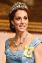 <p> Kate paid tribute to the Queen Mum when she wore the necklace at a banquet for the King and Queen of The Netherlands in 2018. (She's also wearing the Lover's Knot Tiara, a favorite of hers.) </p>