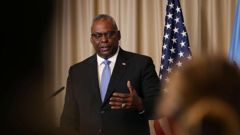 PHOTO: Secretary of Defense LLoyd Austin speaks to the media following the 15th meeting of the Ukraine Defense Contact Group at Ramstein Air Base, Sept. 19, 2023, in Ramstein-Miesenbach, Germany. (Sean Gallup/Getty Images)
