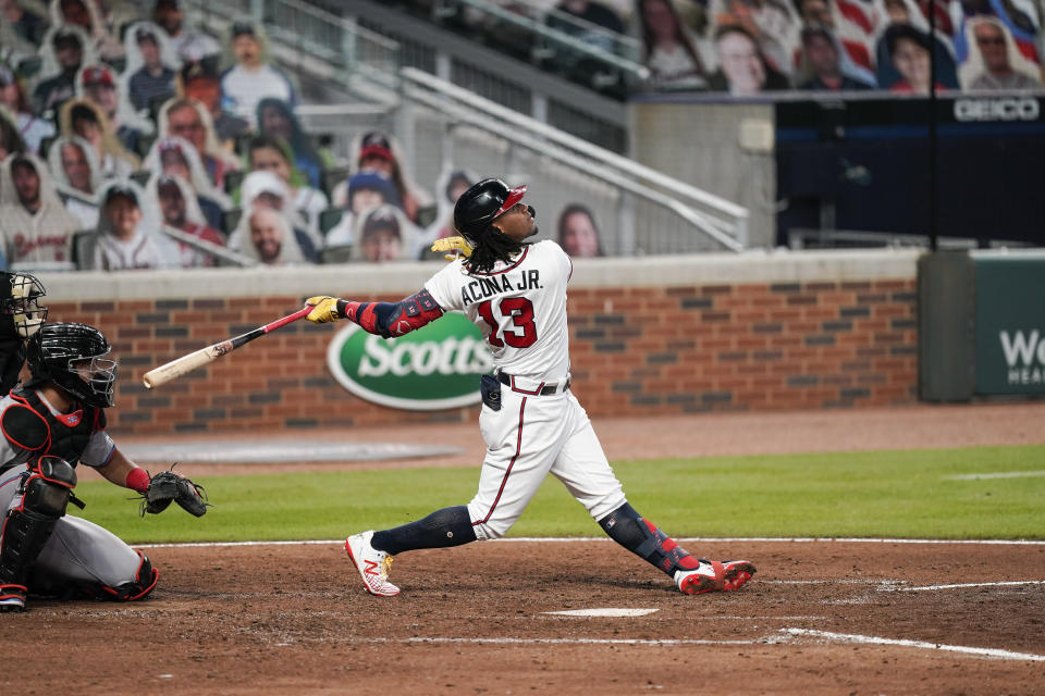 Atlanta Braves' Ronald Acuna Jr. (13) in action against the Miami Marlins on Tuesday, Sept. 22, 2020, in Atlanta. (AP Photo/Brynn Anderson)
