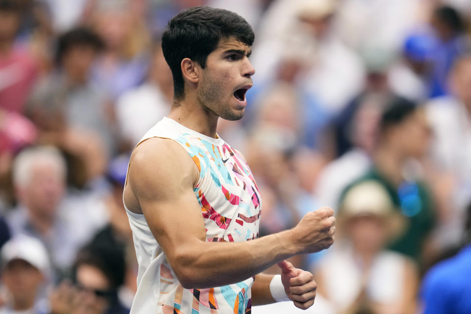 Carlos Alcaraz, of Spain, reacts after defeating Matteo Arnaldi, of Italy, following their match during the fourth round of the U.S. Open tennis championships, Monday, Sept. 4, 2023, in New York. (AP Photo/Manu Fernandez)