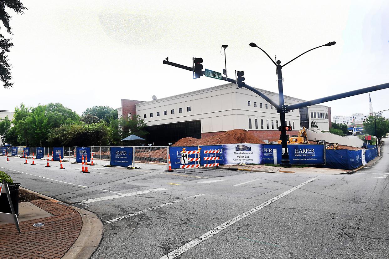 This is the view of the Spartanburg County Public Libraries - Headquarters showing the road and sidewalk closure at the intersection of Broad and Church Streets on May 7, 2024.