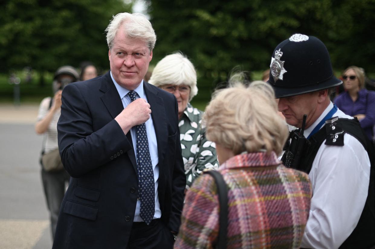 Charles Spencer, brother of Britain's Princess Diana arrives at Kensington Palace for the unveiling of a new statue to his sister on what have been Princess Diana's 60th birthday in London on July 1, 2021. - Princes William and Harry will unveil a new statue of their mother, Princess Diana in the garden of Diana's former London home at Kensington Palace, in a stripped-back ceremony due to the coronavirus pandemic. (Photo by DANIEL LEAL-OLIVAS / AFP) (Photo by DANIEL LEAL-OLIVAS/AFP via Getty Images)