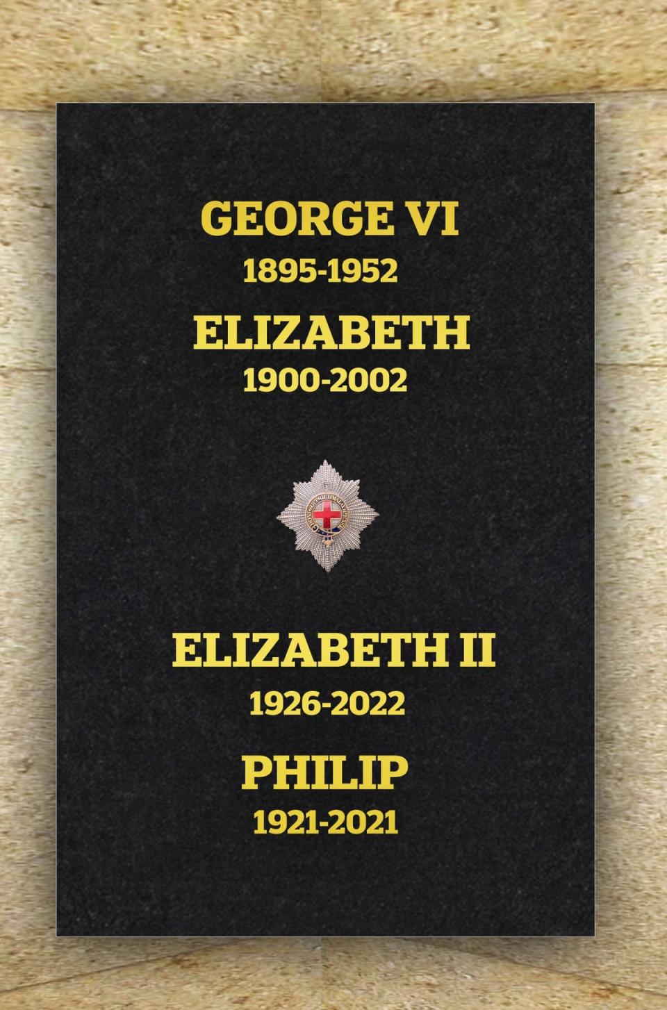 A stone slab engraved with the names of Queen Elizabeth II, her late husband Prince Philip, and her parents King George VI and Queen Elizabeth, has been installed at St George's Chapel in Windsor (Handout)