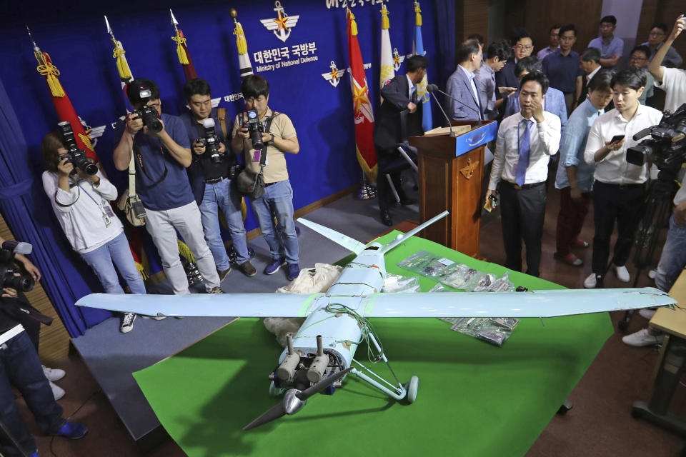 FILE - A suspected North Korean drone is viewed at the Defense Ministry in Seoul, South Korea, on June 21, 2017. South Korea's military fired warning shots and scrambled aircraft after North Korean drones entered the South’s airspace on Monday, Dec. 26, 2022, South Korean officials said, days after the North launched two ballistic missiles in its latest testing activities. (Lee Jung-hoon/Yonhap via AP, File)