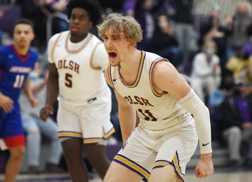 OLSH's Dante Spadafora reacts after OLSH made a scoring run in the second quarter against Jeannette during last season's WPIAL Class 2A semifinal playoff game at Our Lady of the Sacred Heart High School. OLSH won the game 69-41.