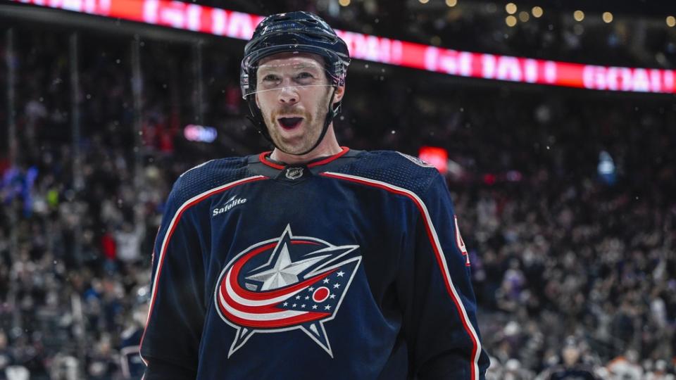 Nov 10, 2022; Columbus, Ohio, USA; Columbus Blue Jackets defenseman Vladislav Gavrikov (4) celebrates a goal by defenseman Nick Blankenburg (not pictured) in the third period against the Philadelphia Flyers at Nationwide Arena.