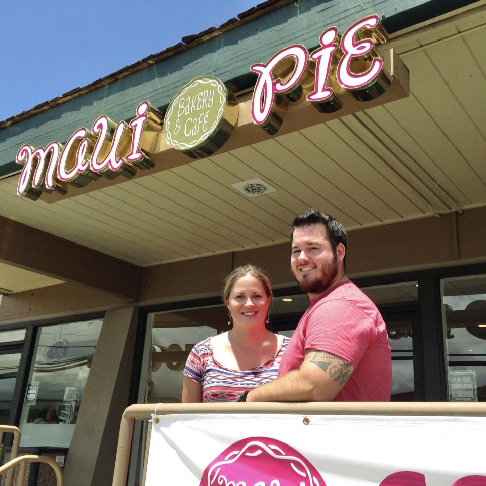 Kellee and Ryan Houghtaling stand in front of Maui Pie, 23 miles south of fire-ravaged Lahaina, Hawaii. The Houghtalings, former Michiganders, live and work in Kihei, which was not crippled by last week's wildfires.