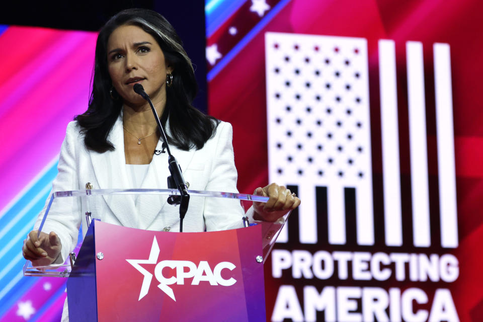 NATIONAL HARBOR, MARYLAND - MARCH 04: Host of the Tulsi Gabbard Show and former U.S. Rep. Tulsi Gabbard (D-HI) speaks during the annual Conservative Political Action Conference (CPAC) at Gaylord National Resort & Convention Center on March 4, 2023 in National Harbor, Maryland. Former President Donald Trump will address the event this afternoon. (Photo by Alex Wong/Getty Images)