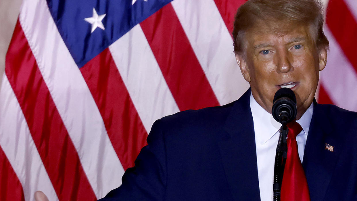 Former President Donald Trump at his Mar-a-Lago resort in Palm Beach, Fla., with the American flag in the background.