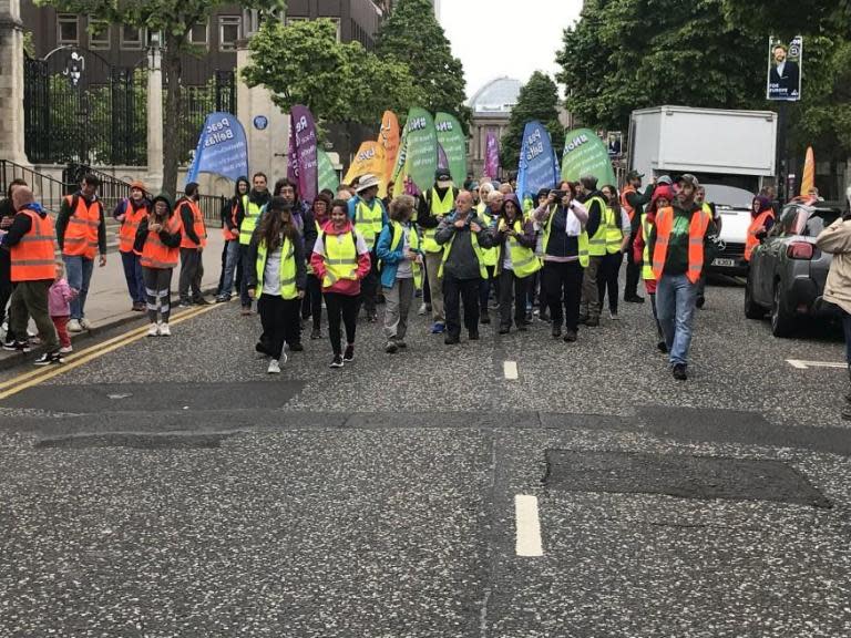 Friends of murdered journalist Lyra McKee have started a three-day peace walk from Belfast to Derry.Hundreds of admirers have also joined the trek, which will cover roughly 70 miles, and end with a rally on Monday evening.Ms McKee, who lived in Belfast, was shot dead by a dissident republican group, the New IRA, while observing clashes with police in Derry last month. She was just 29.Brenda Gough, the walk’s logistics and location manager, urged anyone who sees the walkers to show their support or even join in.Snow Patrol frontman Gary Lightbody has promised to walk the Monday leg.“We had over 300 walkers registered, obviously life happens, but the main body of walkers have turned up,” Ms Gough said.“The aim was to have a very mixed representation of the whole community of Northern Ireland and everyone has stepped up.“This type of movement attracts people who have a lot of empathy and compassion, and don’t hold prejudice.“We do have some walkers who have played their part in the Troubles. They are here to support us and show that change can happen.“That is the ethos of this, we want people to address themselves and not the politicians, because we have the politicians that we vote for. We are responsible for our government. We can’t just blame them.”The walk started in Belfast’s famed Writer’s Square and will conclude with the rally at Derry Guildhall.“Starting at Writer’s Square was Sara Canning’s [Ms McKee’s fiancé] idea,” explained Ms Gough. “She said Lyra was a writer and so the start point should be Writer’s Square.“It’s beside St Anne’s Cathedral where the funeral was, so yeah, we are starting off where we last saw Lyra.”During the funeral a priest asked Northern Ireland’s politicians – many of who were in attendance – why it took the death of a young woman to unite their parties.The latest talks process, designed to restore devolved political power sharing after more than two years without a functioning government, was launched soon after the funeral.