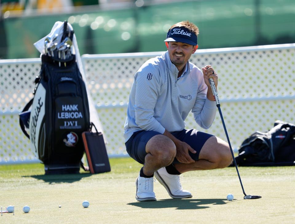 Feb 7, 2022; Scottsdale, AZ, U.S.; Hank Lebioda practices on the putting green during the first day of the Phoenix Open at TPC Scottsdale.