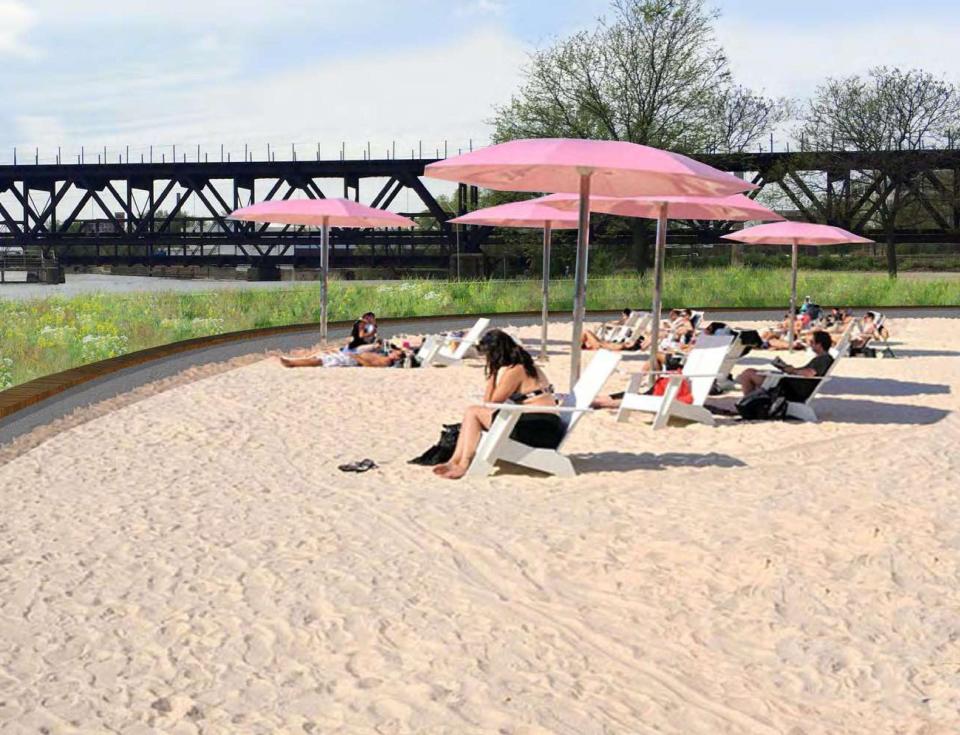 A master plan for a makeover of Davis Park in downtown Rockford included an urban beach, but it will not be included in a first phase. This is an artist's rendering of what it could look like.