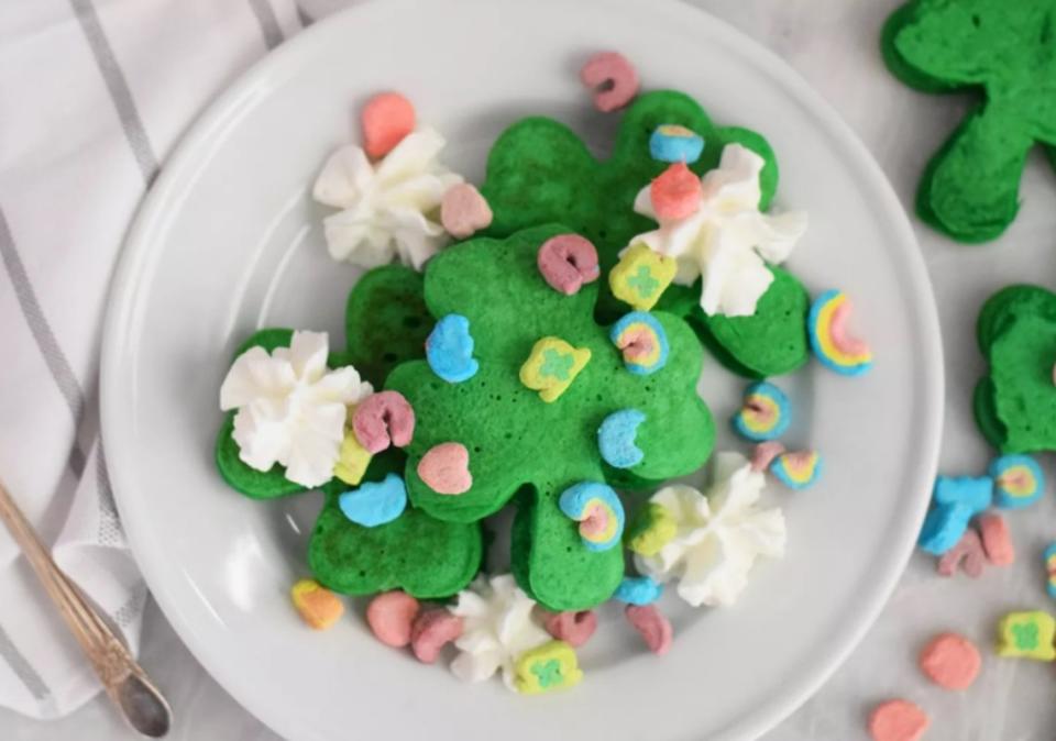 <p>The Spruce Eats</p><p>Start St. Patty's Day off right with a stack of delicious green shamrock pancakes. They're made from a simple recipe with just a little food coloring added in to get a festive hue. All you need is a shamrock cookie cutter to make the adorable shape. Top them with some icing, whipped cream, or even some marshmallows from the Lucky Charms box.</p><p><strong>Get the recipe here: <a href="https://www.thespruceeats.com/green-pancakes-4582485" rel="nofollow noopener" target="_blank" data-ylk="slk:Green Shamrock Pancake Art;elm:context_link;itc:0;sec:content-canvas" class="link ">Green Shamrock Pancake Art</a></strong></p>