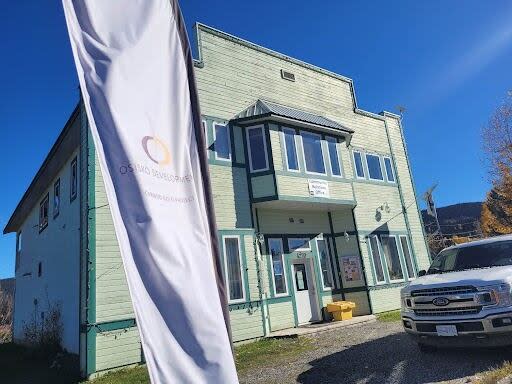 A truck parks outside the office of Osisko Development in Wells, B.C.  The company has owned Barkerville Gold Mines since 2019. 