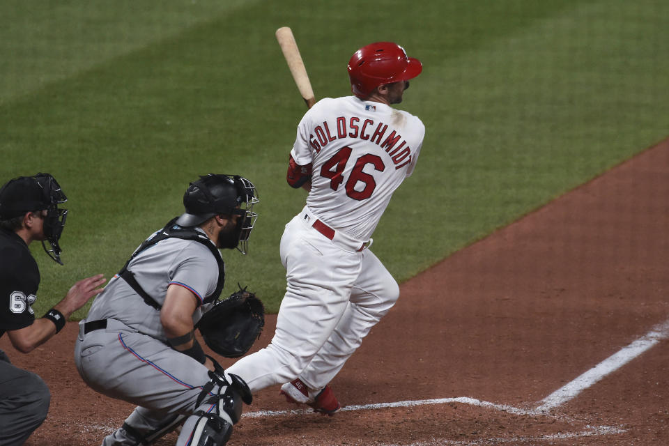 St. Louis Cardinals' Paul Goldschmidt watches an RBI single during the sixth inning of the team's baseball game against the Miami Marlins on Tuesday, June 15, 2021, in St. Louis. (AP Photo/Joe Puetz)