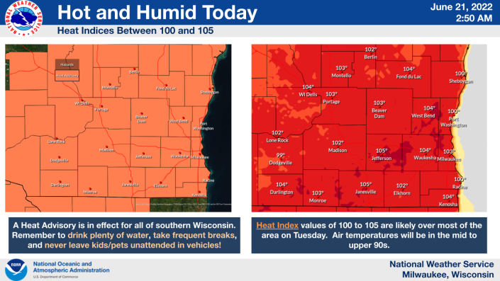 The heat index -- what it actually feels like outside when heat and humidity are combined are forecast to top 100 degrees on Tuesday.