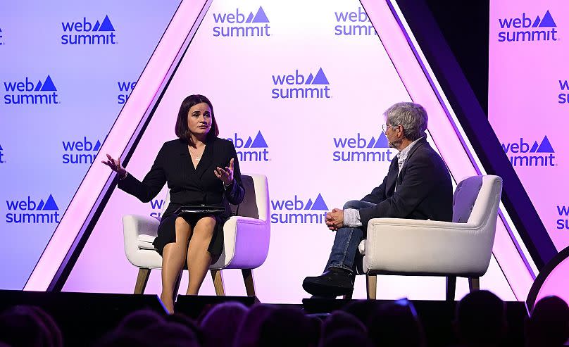 Sviatlana Tsikhanouskaya, Head of the United Transition Cabinet of Democratic Belarus, on stage at Web Summit 2023 in Lisbon.