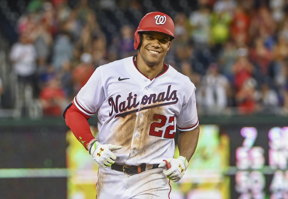 WASHINGTON, DC - AUGUST 1:  Washington Nationals right fielder Juan Soto (22) was all smiles after he hit a solo homer off of New York Mets starting pitcher Max Scherzer (21) in the fourth inning at Nationals Park. Photo by Jonathan Newton/The Washington Post via Getty Images)