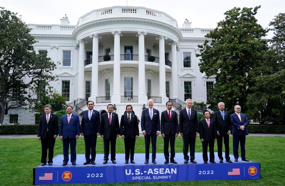 Leaders from the Association of Southeast Asian Nations (ASEAN) pose with President Joe Biden in a group photo on the South Lawn of the White House in Washington, Thursday, May 12, 2022.