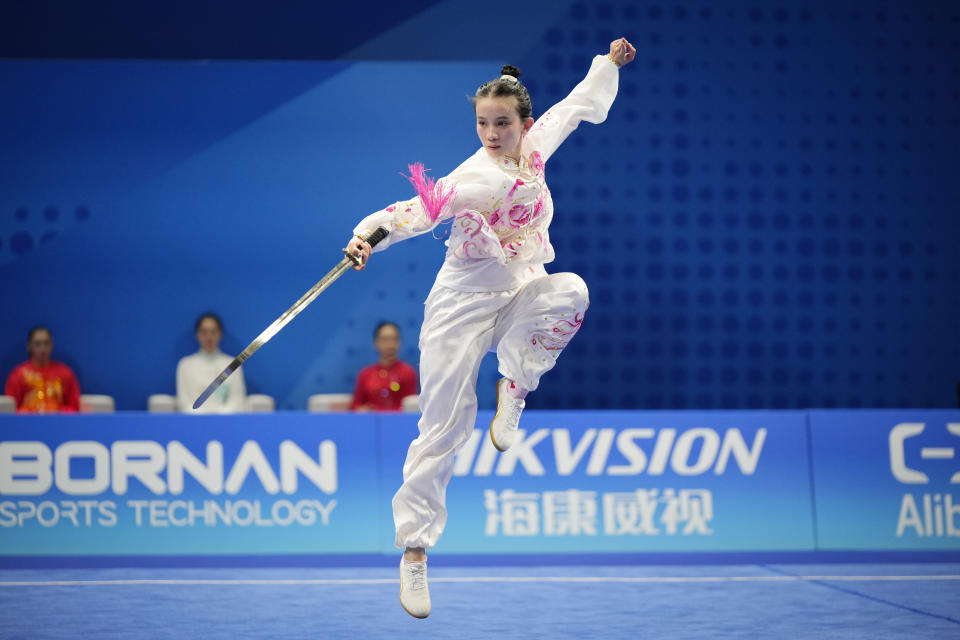 Vietnam's Tran Thi Kieu Trang performs during women's taijijian wushu at the 19th Asian Games in Hangzhou, China, Sunday, Sept. 24, 2023. (AP Photo/Vincent Thian)