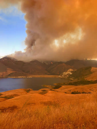 Smoke rises from the Alamo fire near Santa Maria, California, July 8, 2017. San Luis Obispo Fire Department/Handout via REUTERS