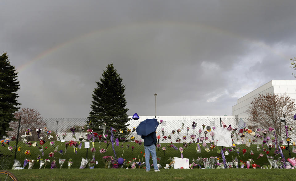 FILE - A rainbow appears over Prince's Paisley Park estate near a memorial for the rock superstar in Chanhassen, Minn., April 21, 2016. The late pop superstar Prince will have a highway named after him, thanks to Minnesota lawmakers who voted Thursday, May 4, 2023, to dedicate the highway that runs past his Paisley Park museum and studios to the creator of hits including "Little Red Corvette," Let’s Go Crazy" and "When Doves Cry." (Carlos Gonzalez/Star Tribune via AP, File)