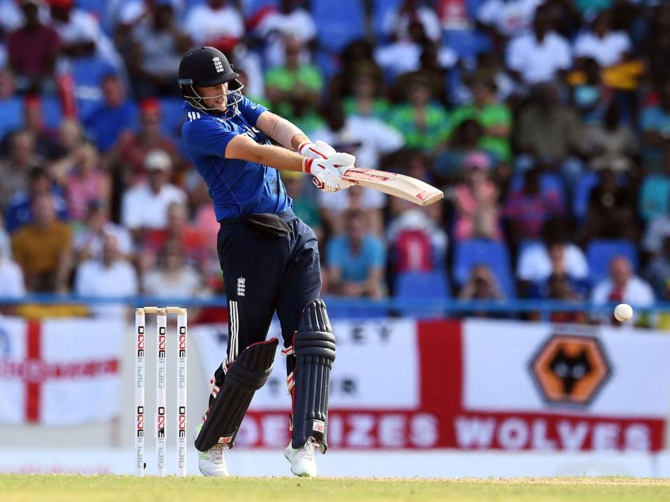 Joe Root plays a shot during the second of the three-match One Day International series between England and West Indies at the Sir Vivian Richards Stadium (Getty)