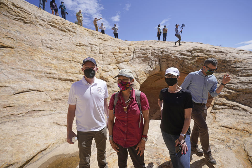 (L-R): Utah Gov. Spencer Cox with U.S. Interior Secretary Deb Haaland, Lt. Gov. Deidre Henderson and Rep. Blake Moore at Bears Ears National Monument in April 2021. - Credit: AP Photo/Rick Bowmer