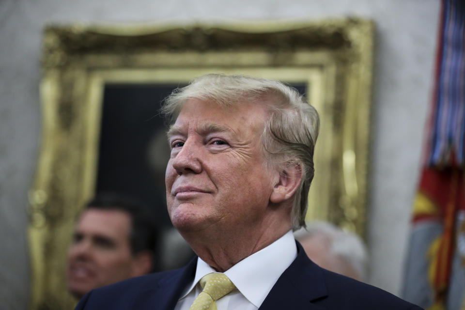 WASHINGTON, DC - JUNE 19: President Donald Trump listens as economist Arthur Laffer speaks after receiving the Presidential Medal of Freedom in the Oval Office of the White House on June 19, 2019 in Washington, DC.  (Photo by Oliver Contreras/For The Washington Post via Getty Images)