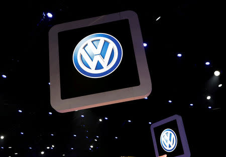 FILE PHOTO: Volkswagen logos during the media day of the Salao do Automovel International Auto Show in Sao Paulo, Brazil November 6, 2018. REUTERS/Paulo Whitaker/File Photo